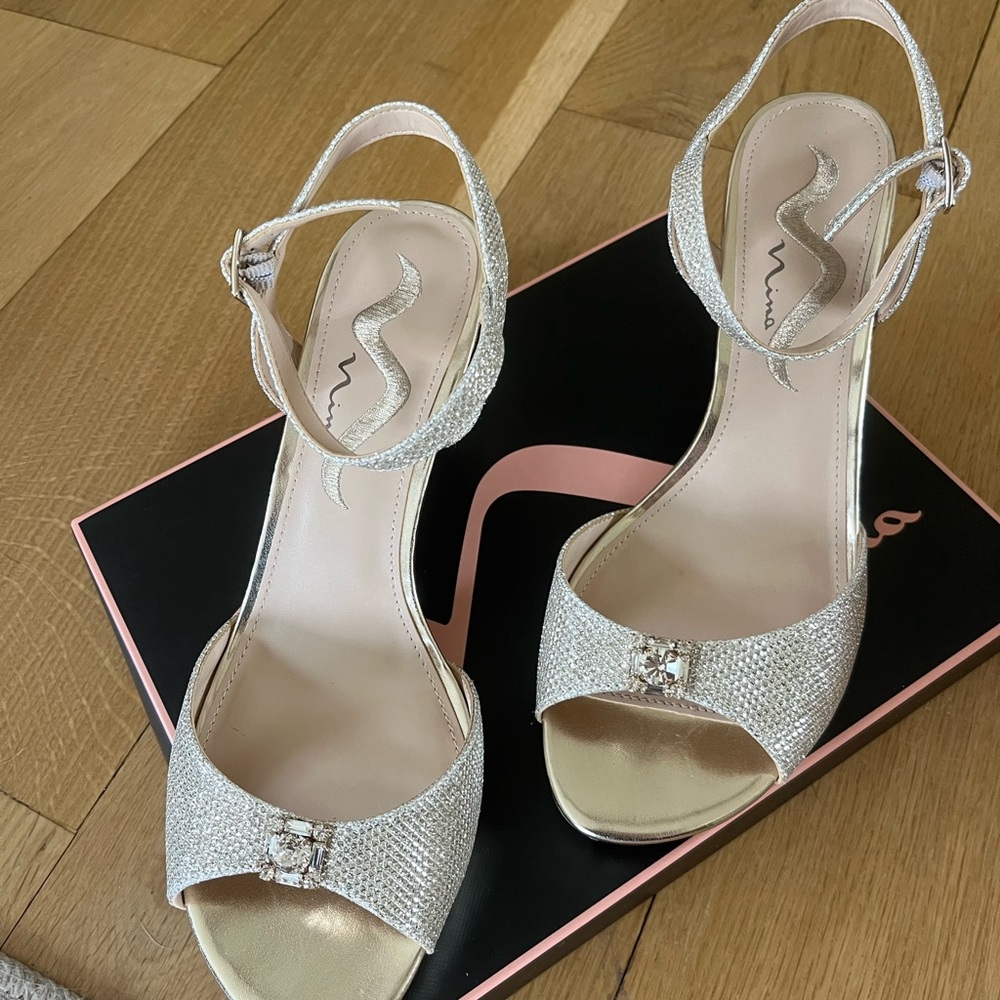 Silver Crystal Embellished Heels with Ankle Strap